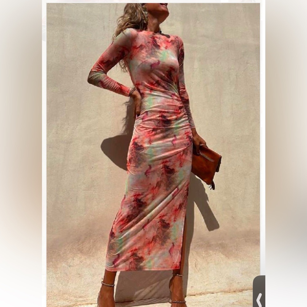 Ruched long sleeve dress - multi colored